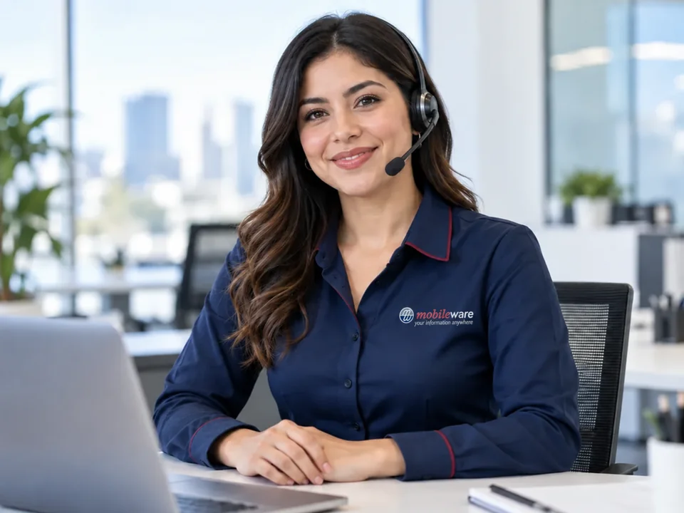 Asesora de atención a clientes con logotipo Mobileware bordado en blusa azul marino