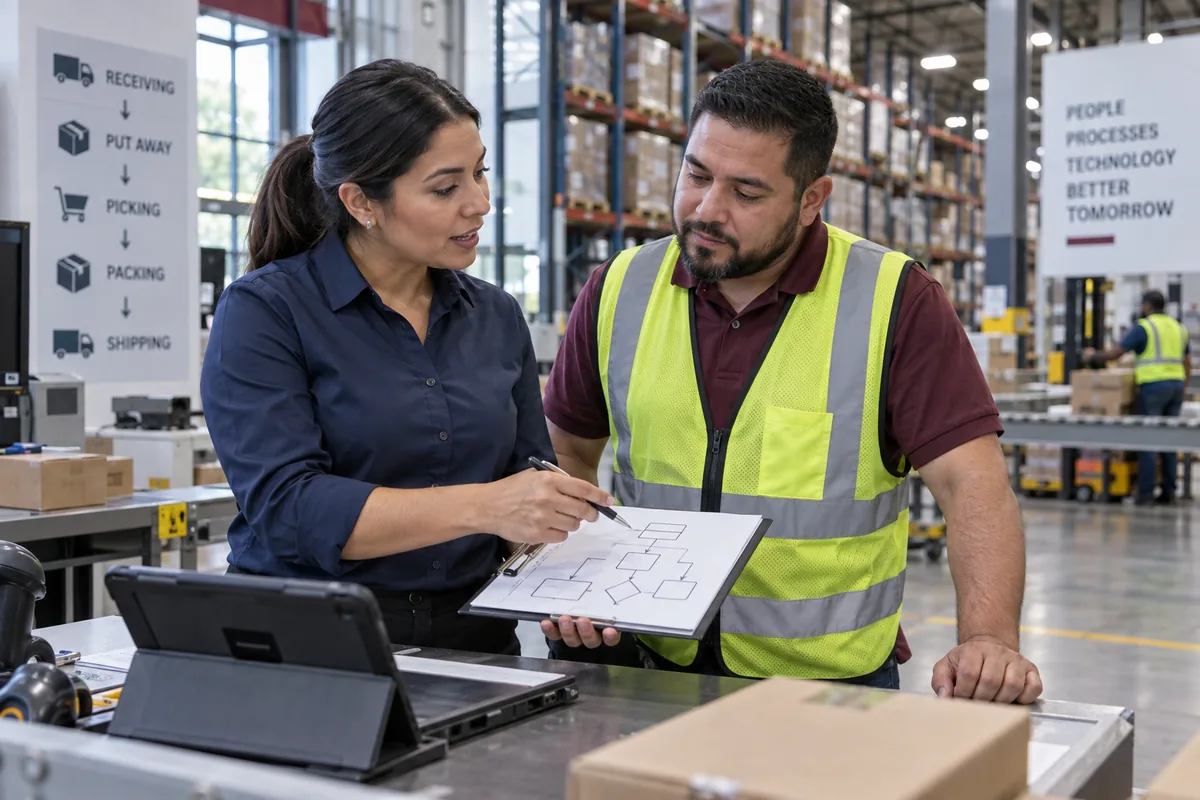 Consultora y supervisor analizando el flujo de recepción y surtido en un almacén.