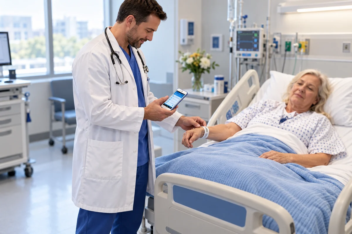 Escena ilustrativa de un médico utilizando una computadora móvil para verificar la identificación de una paciente.