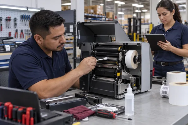 Técnicos realizando la revisión y limpieza de una impresora industrial de etiquetas.