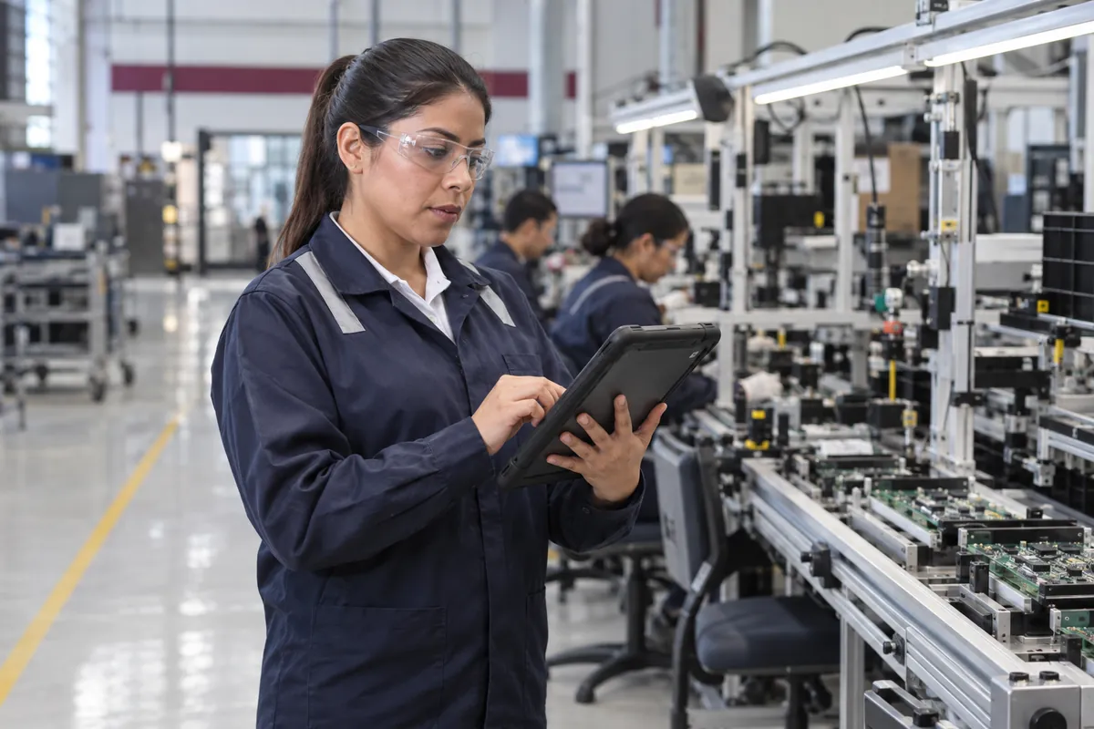 Ingeniera consultando una tableta en una línea de manufactura.