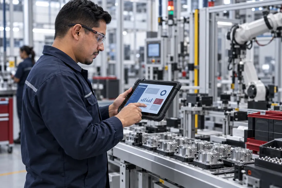 Profesional consultando información de producción en una tableta industrial.