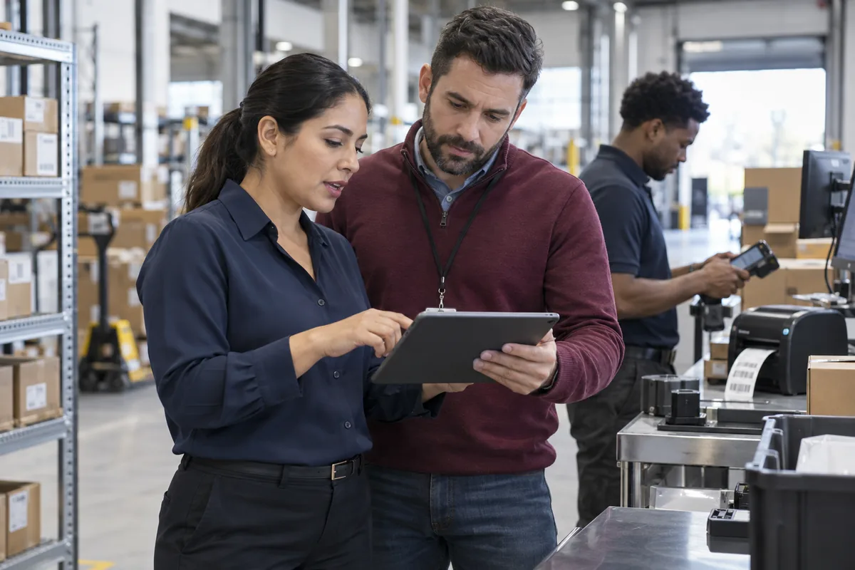 Equipo técnico asesorando a un supervisor y configurando tecnología para la operación logística.